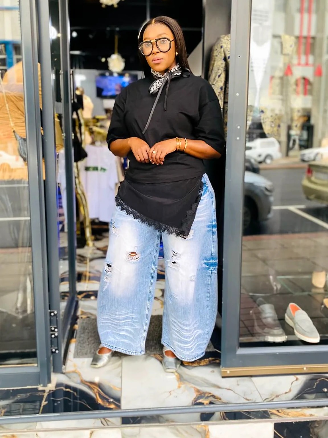 Off-duty denim: Lace-trim top & barrel jeans, styled at the MonacoLuxe store